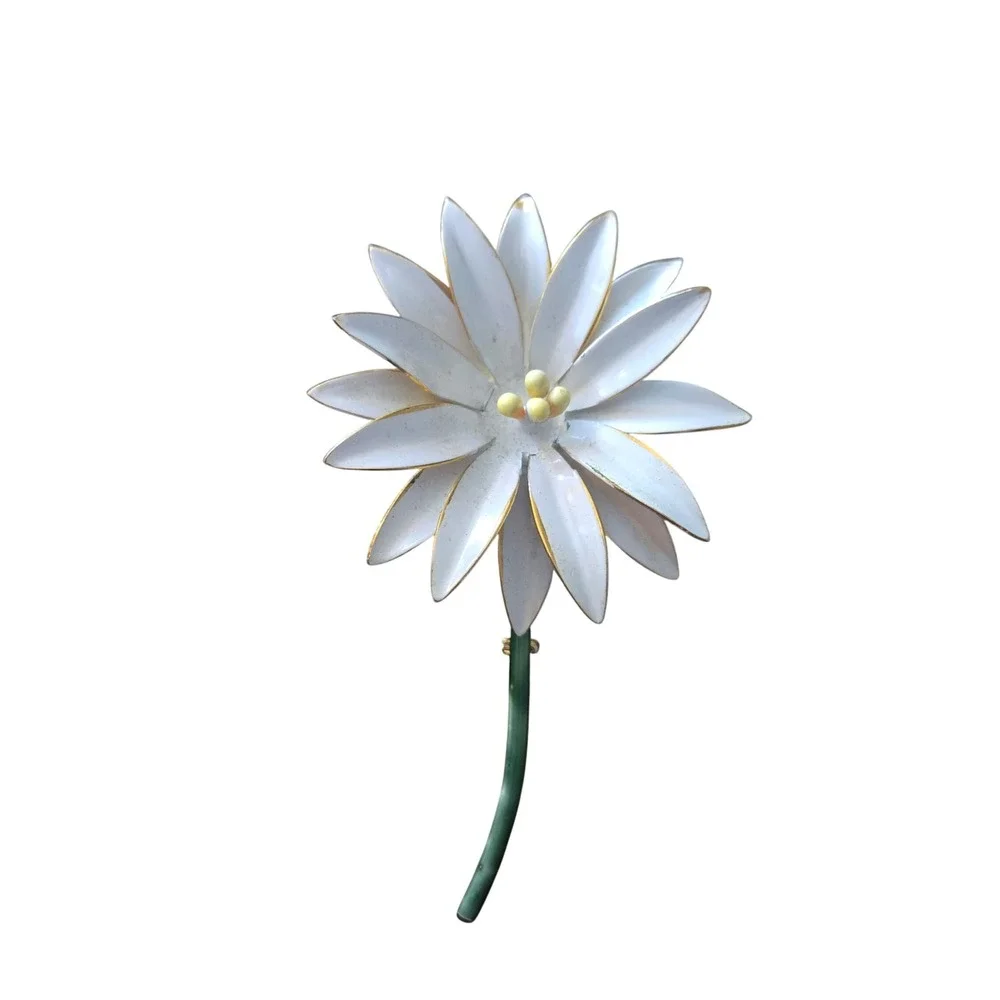 Vintage Signed Sandor Mid century‎ Enamel White Daisy Pin Brooch 1950's